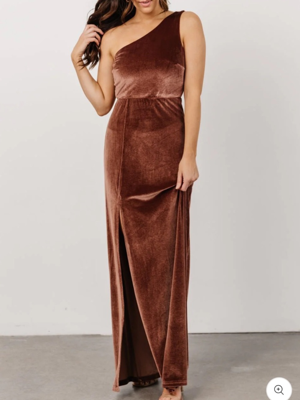Baltic Born One-Shoulder Velvet Maxi Dress in Brown